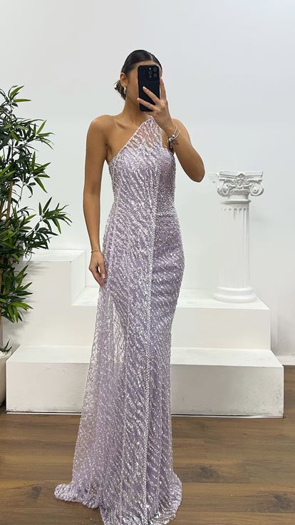 Lila Straplez Pelerinli Abiye Elbise