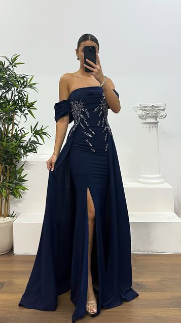 Robe de soirée bleu marine asymétrique