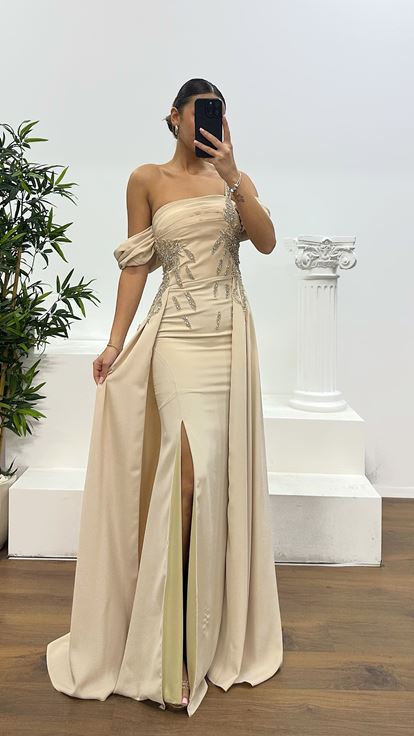 Beige One Shoulder Evening Dress