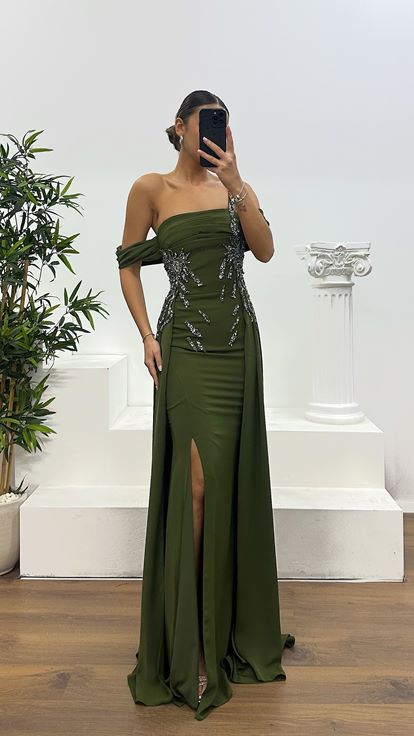 Khaki One Shoulder Evening Dress