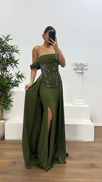 Khaki One Shoulder Evening Dress