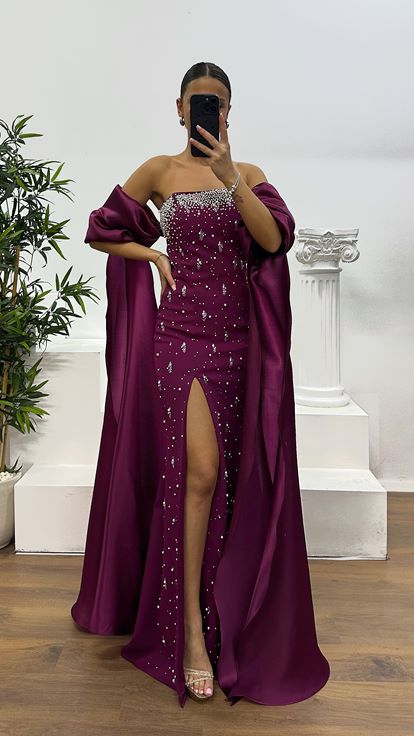 Mürdüm Balon Kol İnci Detay Abiye Elbise