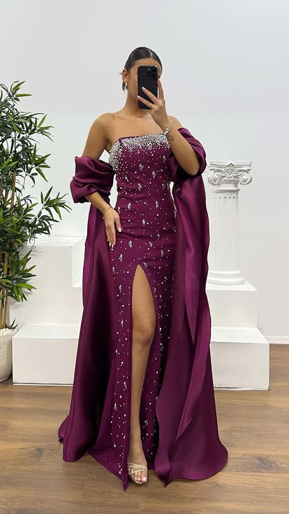 Mürdüm Balon Kol İnci Detay Abiye Elbise