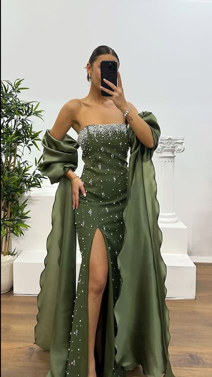 Haki Balon Kol İnci Detay Abiye Elbise