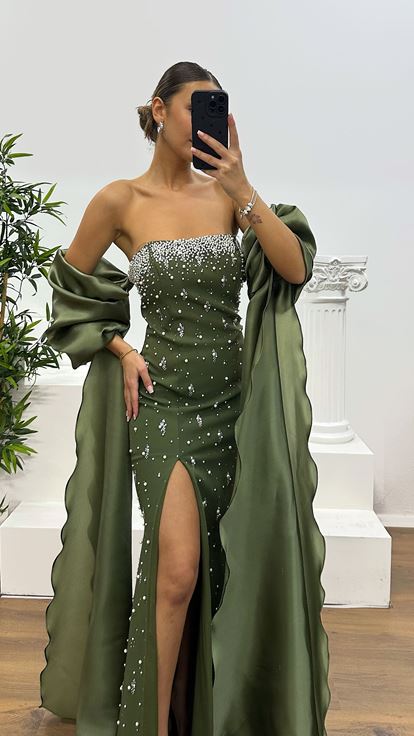 Haki Balon Kol İnci Detay Abiye Elbise