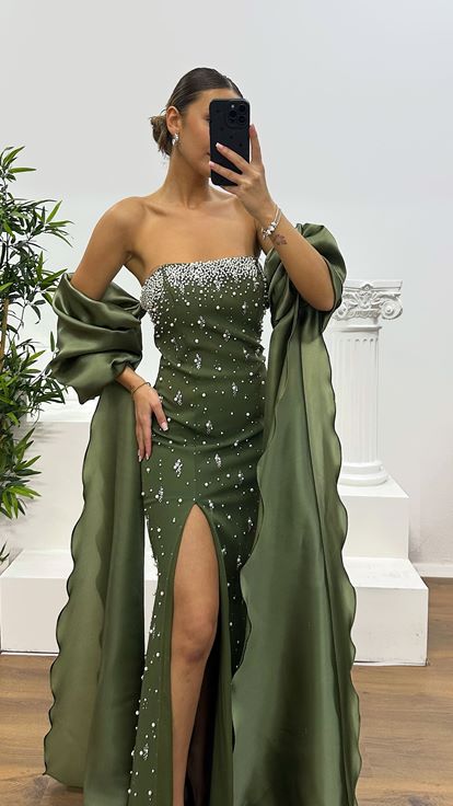 Haki Balon Kol İnci Detay Abiye Elbise