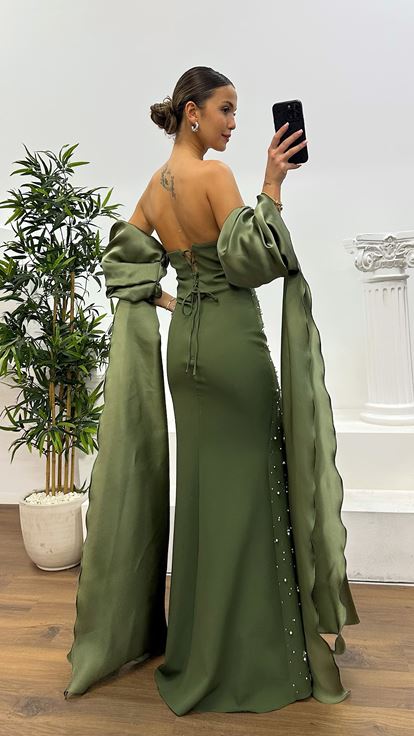 Haki Balon Kol İnci Detay Abiye Elbise