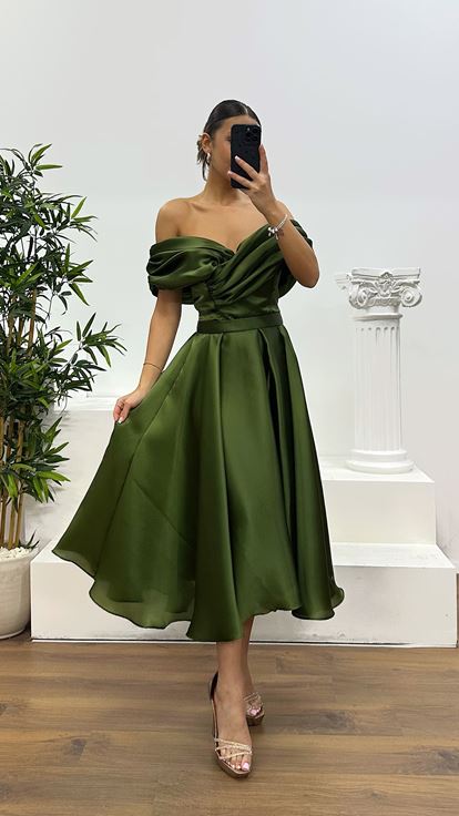 Haki Sırt Detay Midi Abiye Elbise