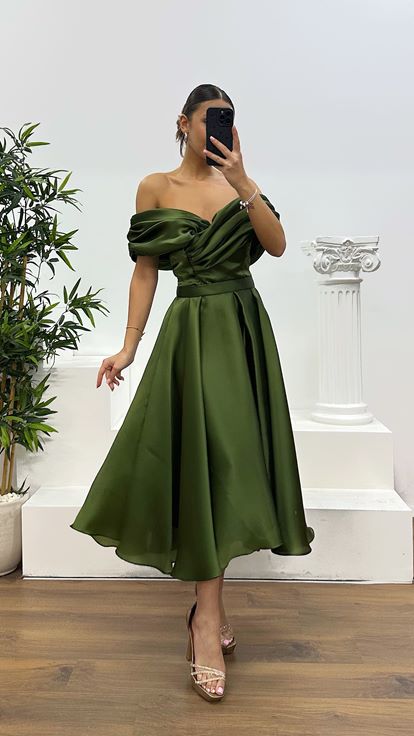 Haki Sırt Detay Midi Abiye Elbise