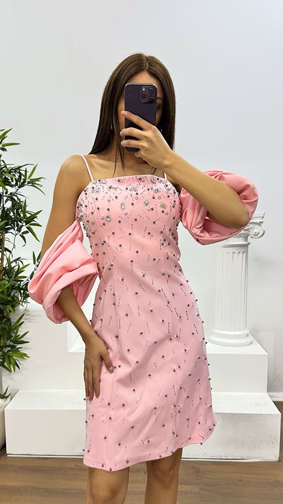 Pudra Balon Kol İşlemeli Kısa Abiye Elbise