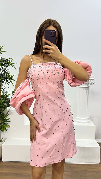 Pudra Balon Kol İşlemeli Kısa Abiye Elbise