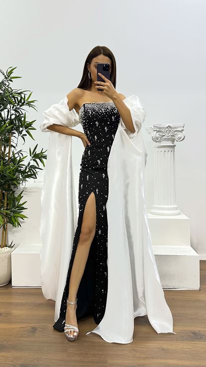 Beyaz Balon Kol İnci Detay Abiye Elbise