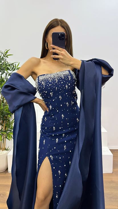 Lacivert Balon Kol İnci Detay Abiye Elbise