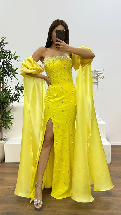 Sarı Balon Kol İnci Detay Abiye Elbise