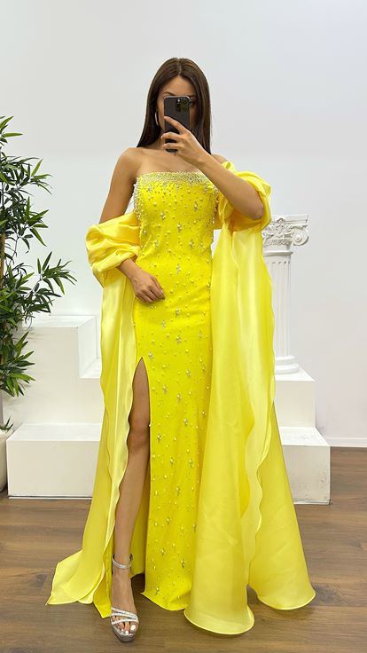 Sarı Balon Kol İnci Detay Abiye Elbise