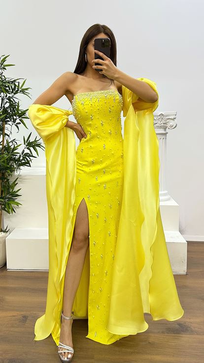 Sarı Balon Kol İnci Detay Abiye Elbise