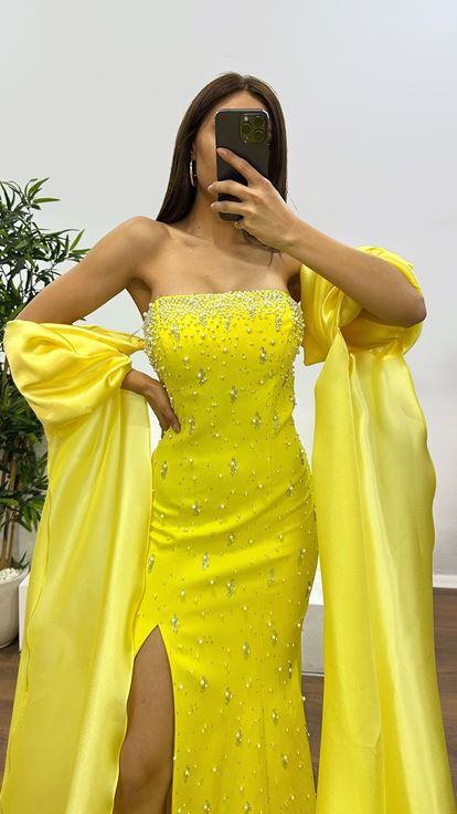 Sarı Balon Kol İnci Detay Abiye Elbise