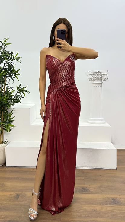 Red Strapless Shiny Evening Dress