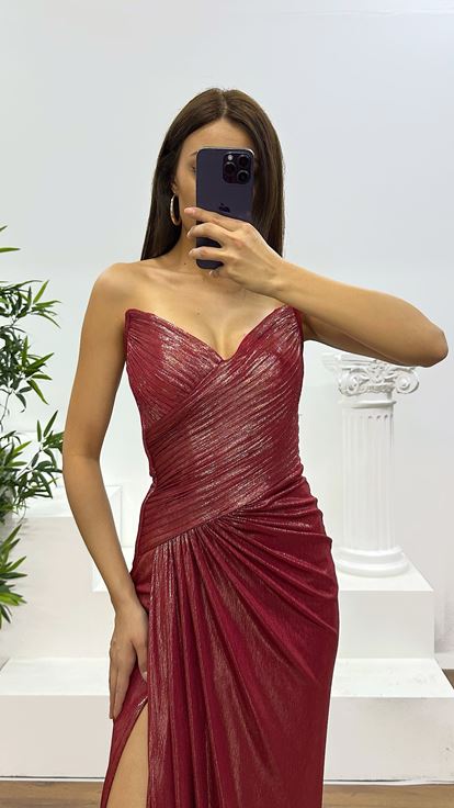 Red Strapless Shiny Evening Dress