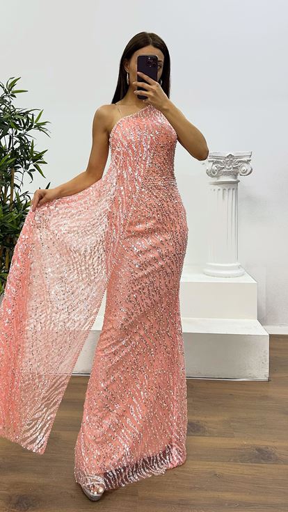 Somon Straplez Pelerinli Abiye Elbise