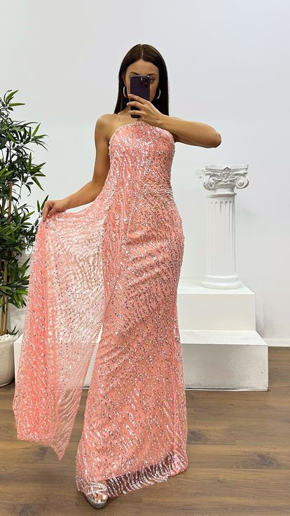 Somon Straplez Pelerinli Abiye Elbise