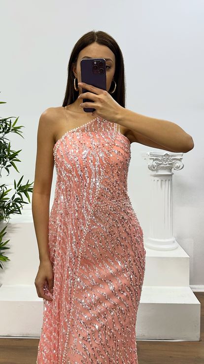 Somon Straplez Pelerinli Abiye Elbise