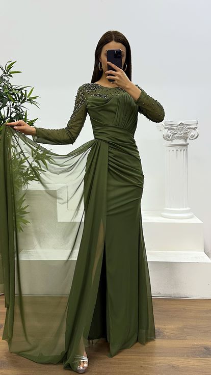 Haki Yaka Transparan İşleme Detay Abiye Elbise