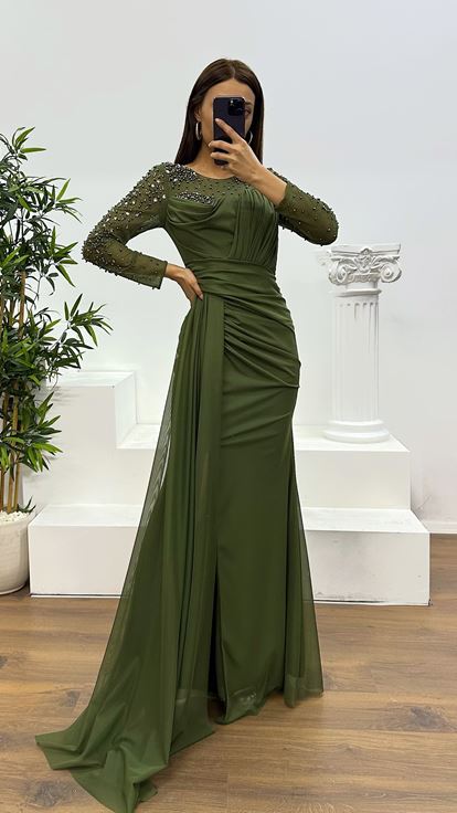 Haki Yaka Transparan İşleme Detay Abiye Elbise