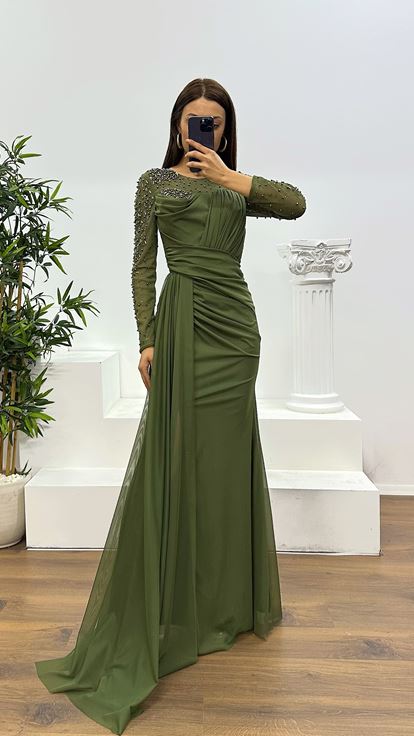 Haki Yaka Transparan İşleme Detay Abiye Elbise