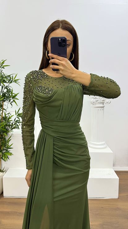 Haki Yaka Transparan İşleme Detay Abiye Elbise