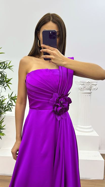 Violet Tek Omuz Gül Detay Abiye Elbise