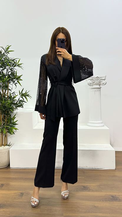 Siyah Kolları Tül Pantolon Ceket Takım