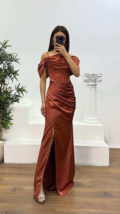 Bakır İp Askılı Saten Abiye Elbise