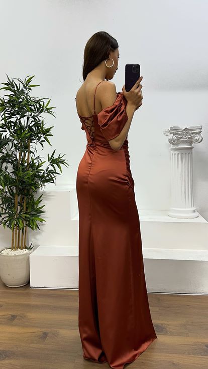 Bakır İp Askılı Saten Abiye Elbise