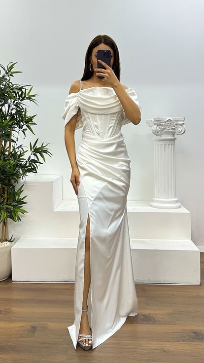White Satin Evening Dress with Strappy Straps