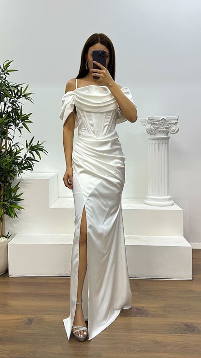 White Satin Evening Dress with Strappy Straps
