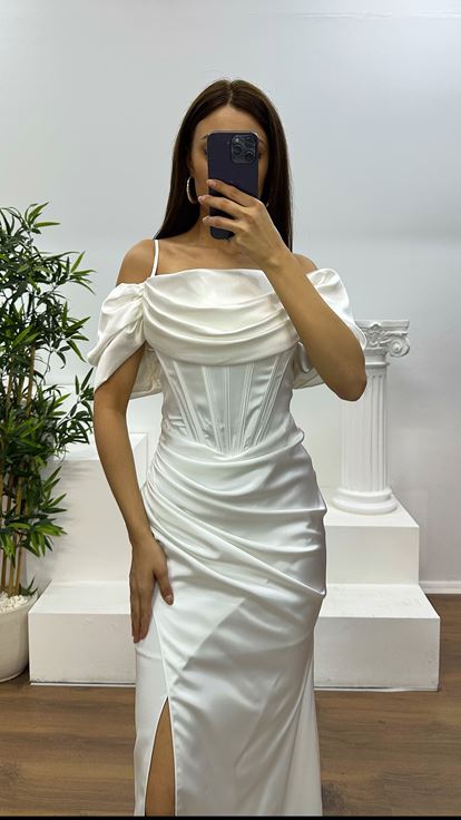 White Satin Evening Dress with Strappy Straps