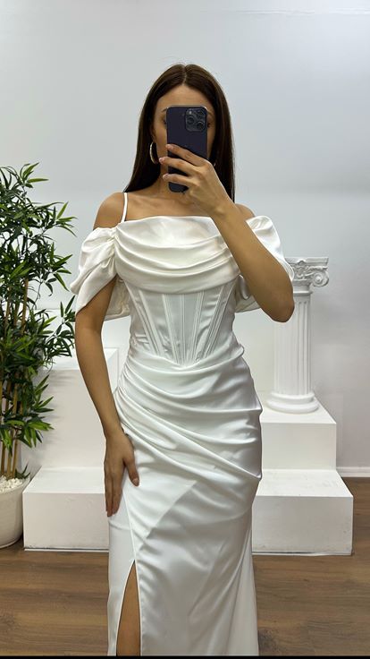 White Satin Evening Dress with Strappy Straps