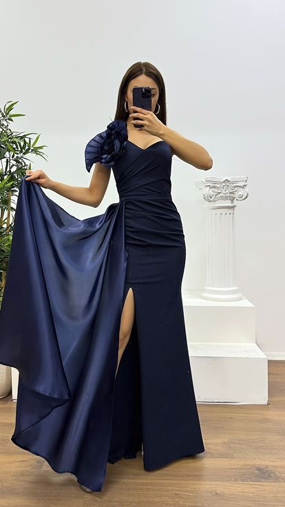 Lacivert Tek Omuz Çiçek Detay Abiye Elbise