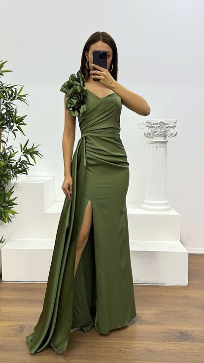 Haki Tek Omuz Çiçek Detay Abiye Elbise