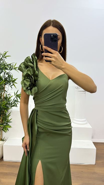 Haki Tek Omuz Çiçek Detay Abiye Elbise