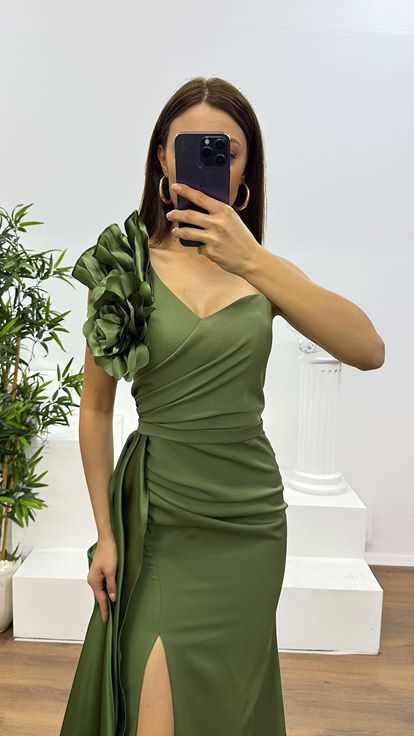 Haki Tek Omuz Çiçek Detay Abiye Elbise