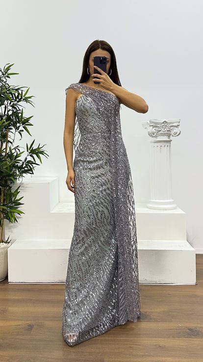 Gri Straplez Pelerinli Abiye Elbise