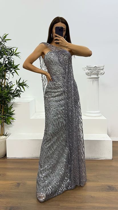 Gri Straplez Pelerinli Abiye Elbise