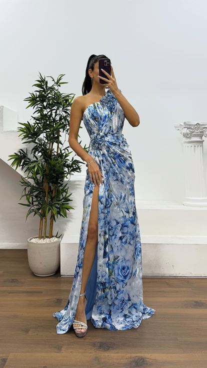 Mavi Tek Omuz Çiçekli Abiye Elbise