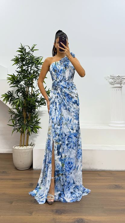 Mavi Tek Omuz Çiçekli Abiye Elbise