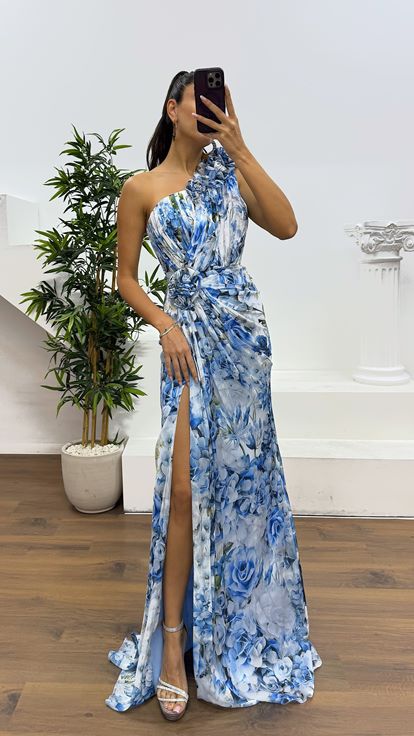 Mavi Tek Omuz Çiçekli Abiye Elbise