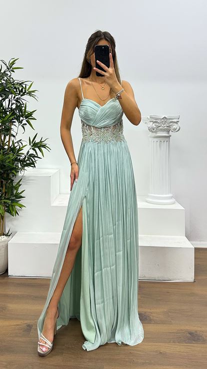 Mint Rope Strap Waist Detail Evening Dress