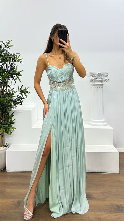 Mint Rope Strap Waist Detail Evening Dress