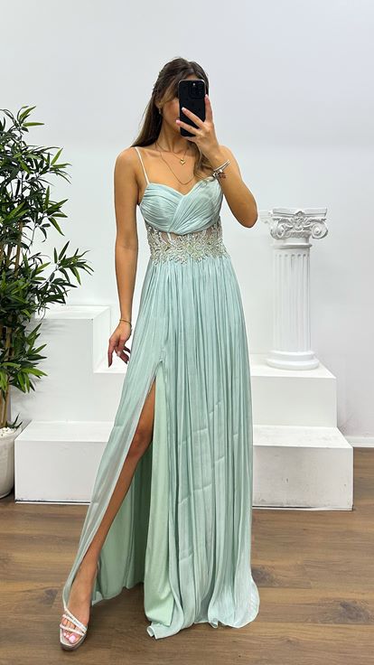 Mint Rope Strap Waist Detail Evening Dress